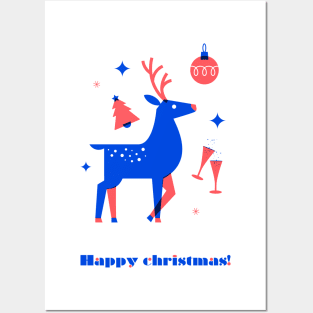 Happy Christmas Blue Reindeer Posters and Art